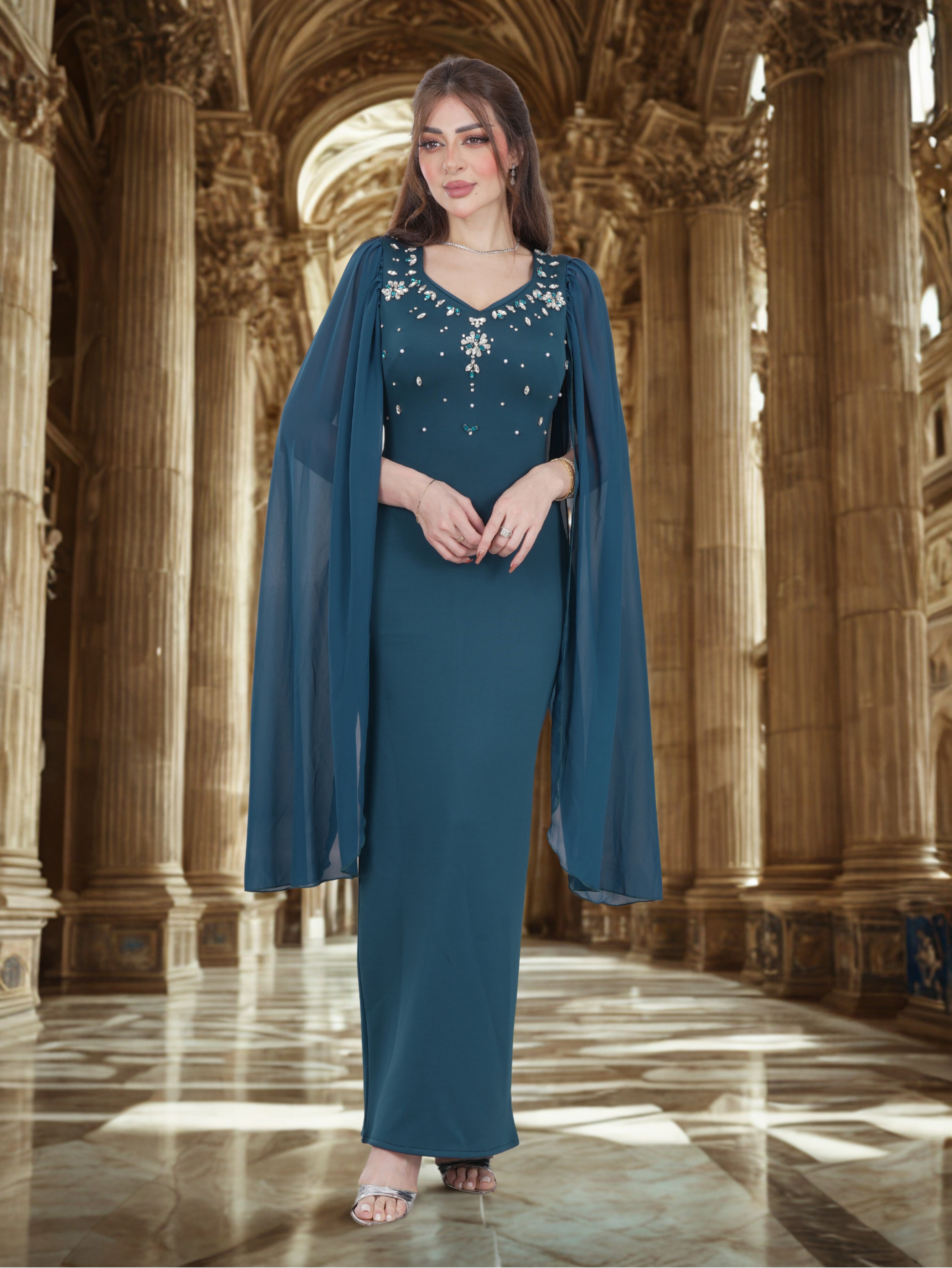 Elegent Evening Gown with Flowing Cape Sleeves