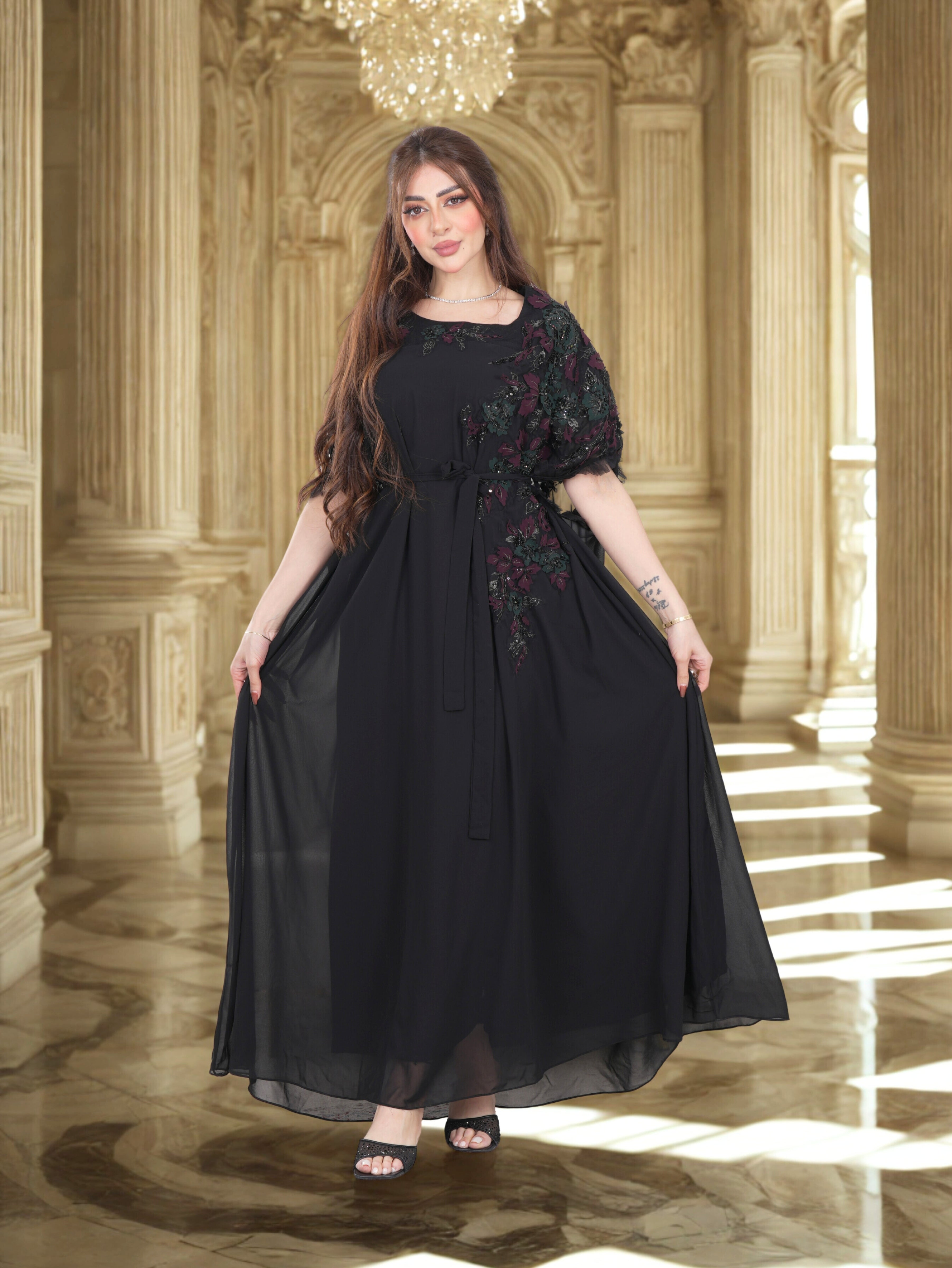 Elegant Black Floral Embroidered Maxi Dress