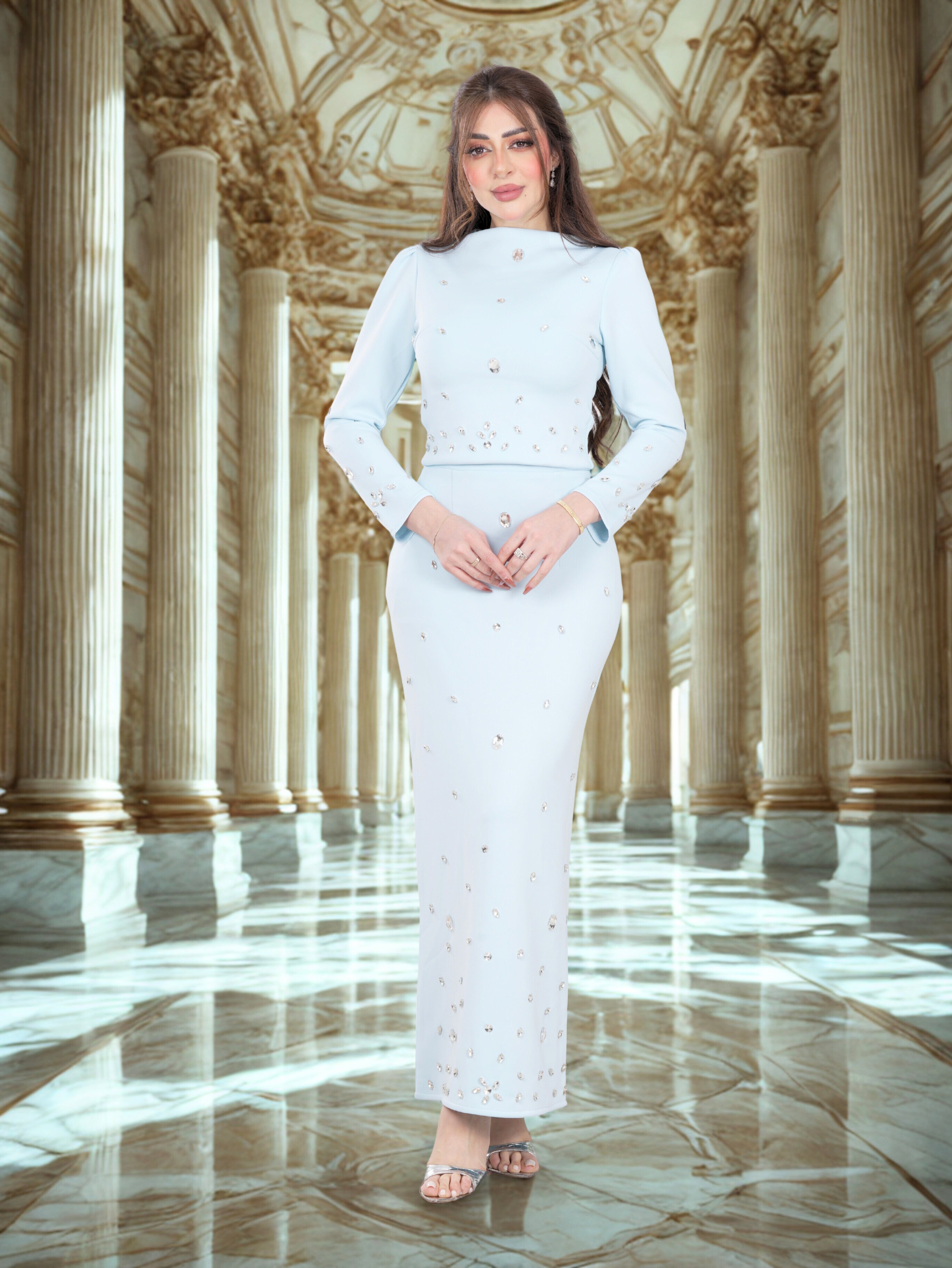 Elegant Sky Blue Embellished Maxi Dress for Women