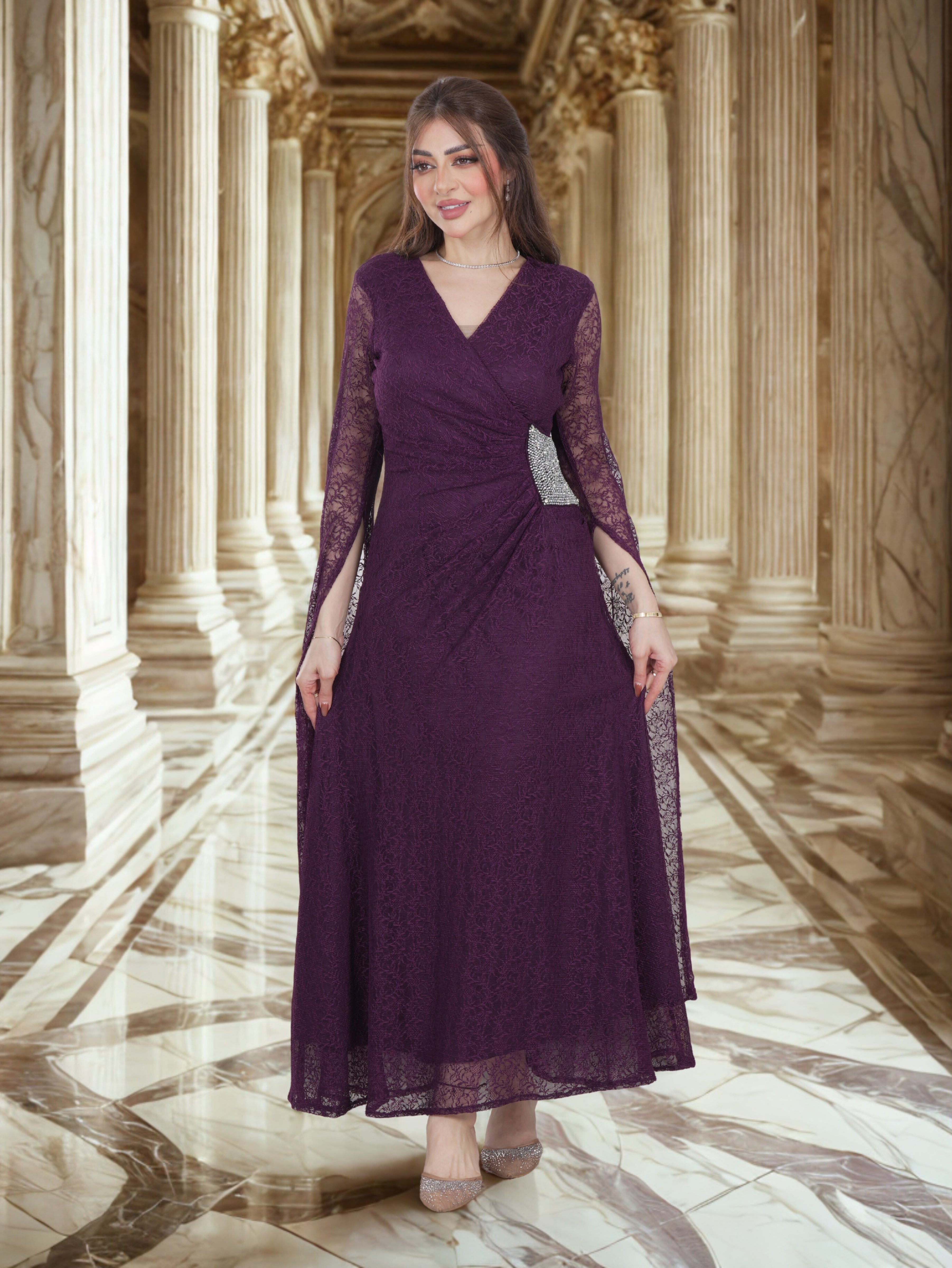 Luxury Plum Lace Evening Gown – Elegant Long Dress for Weddings & Form – FineLook