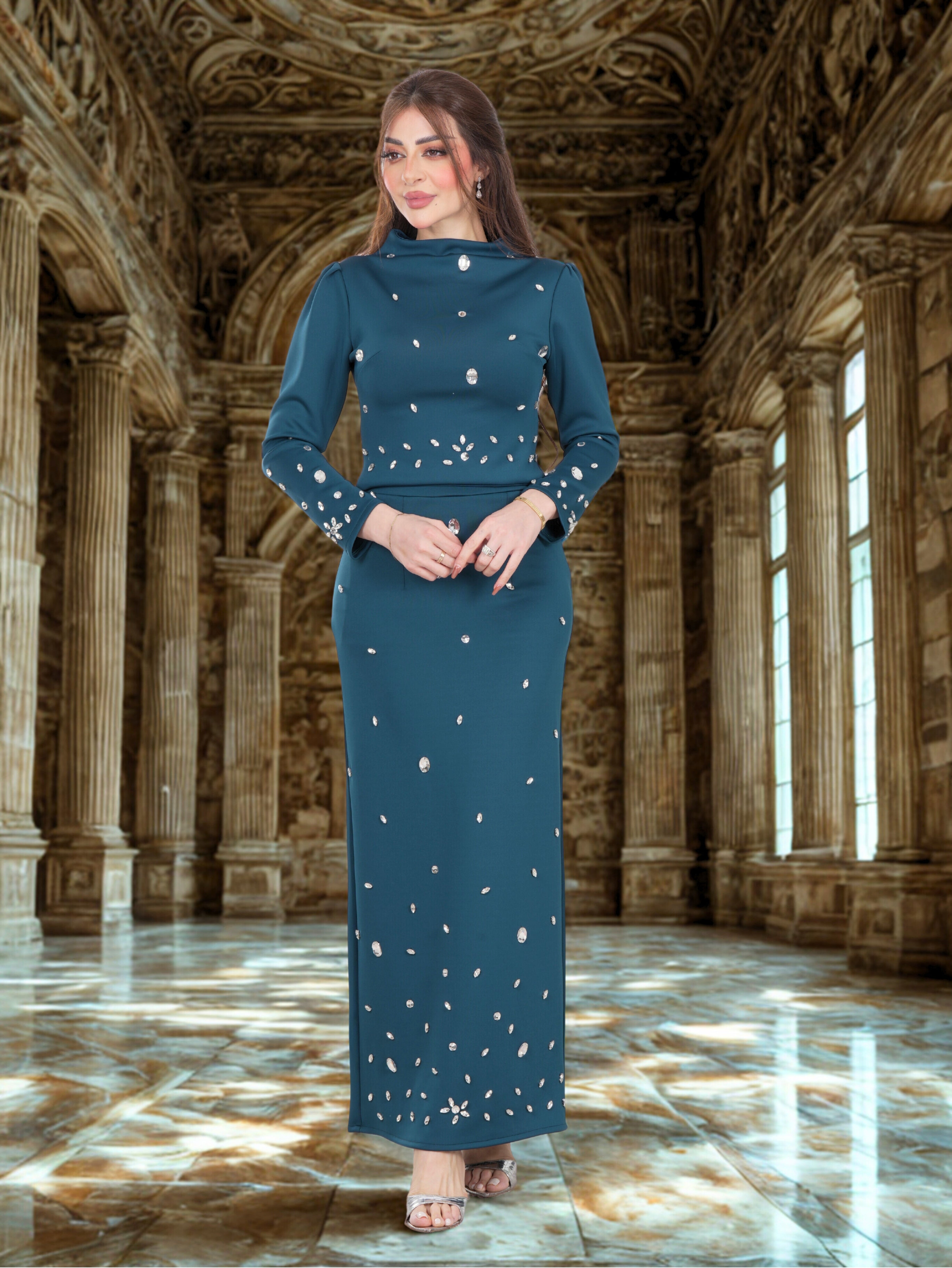 Elegant Teal Crystal Embellished Maxi Dress