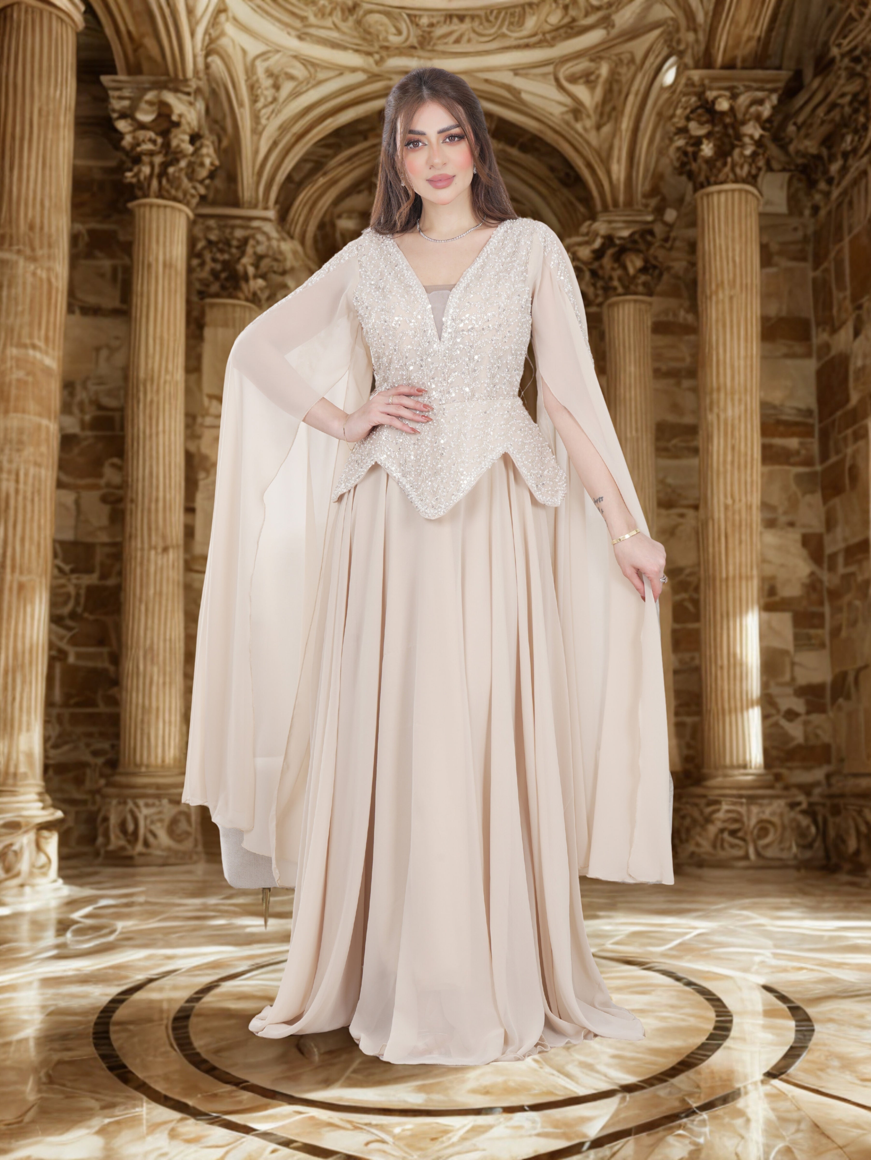 Luxury Embellished Evening Gown in Champagne Beige