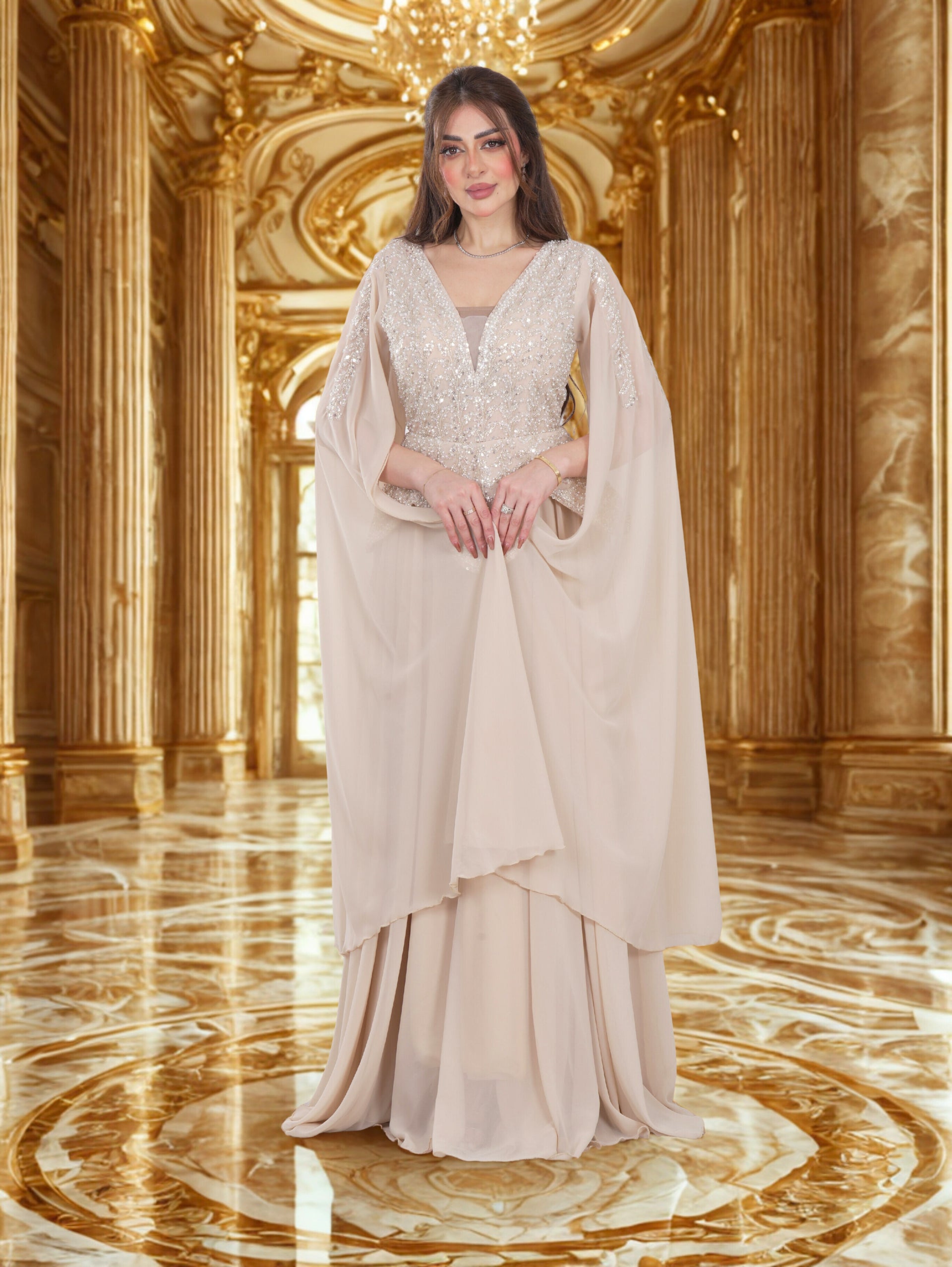 brown gold prom dress Divine Embroidered Cape With Brocade Ghagra main image 0