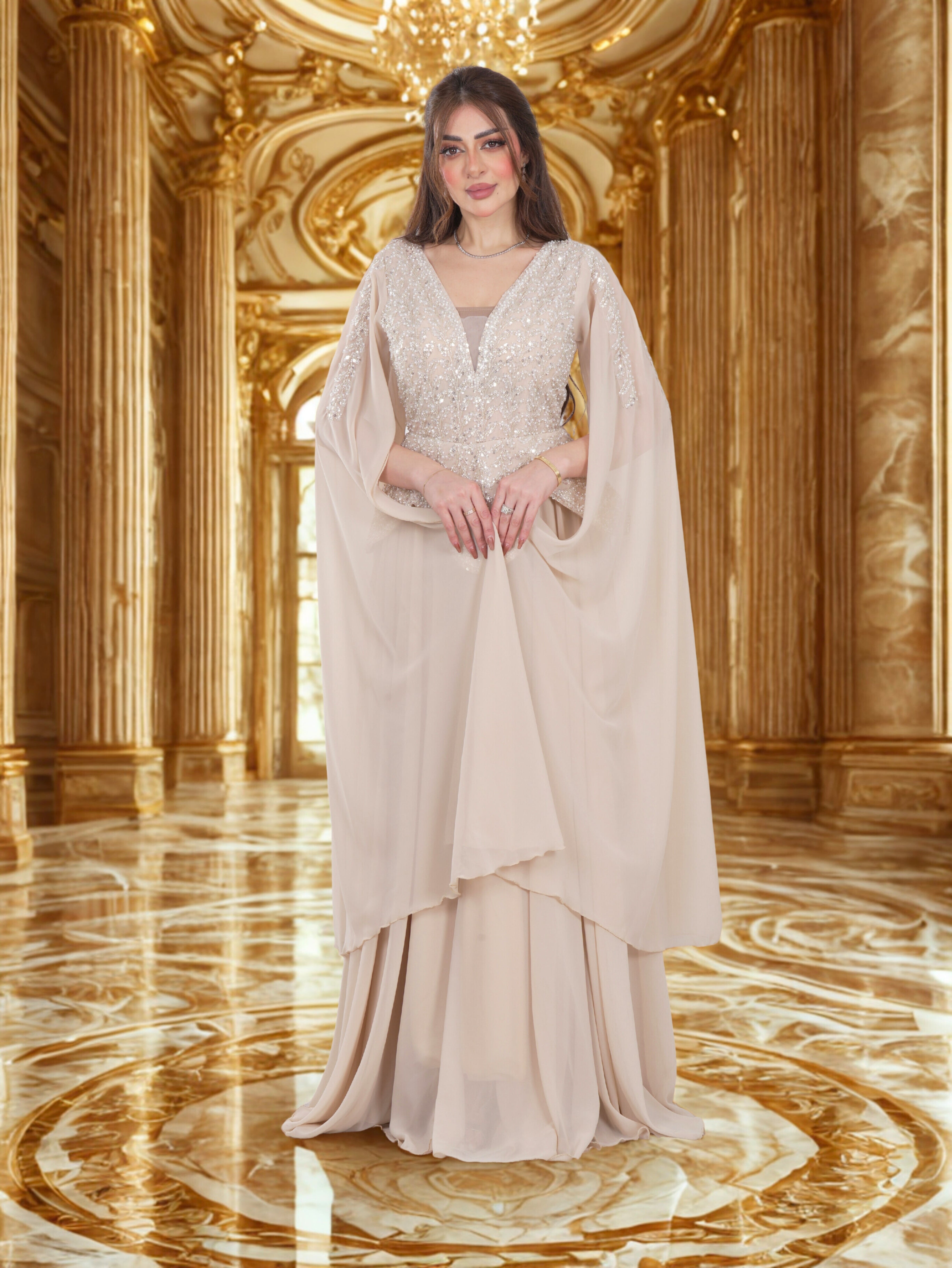 Luxury Embellished Evening Gown in Champagne Beige