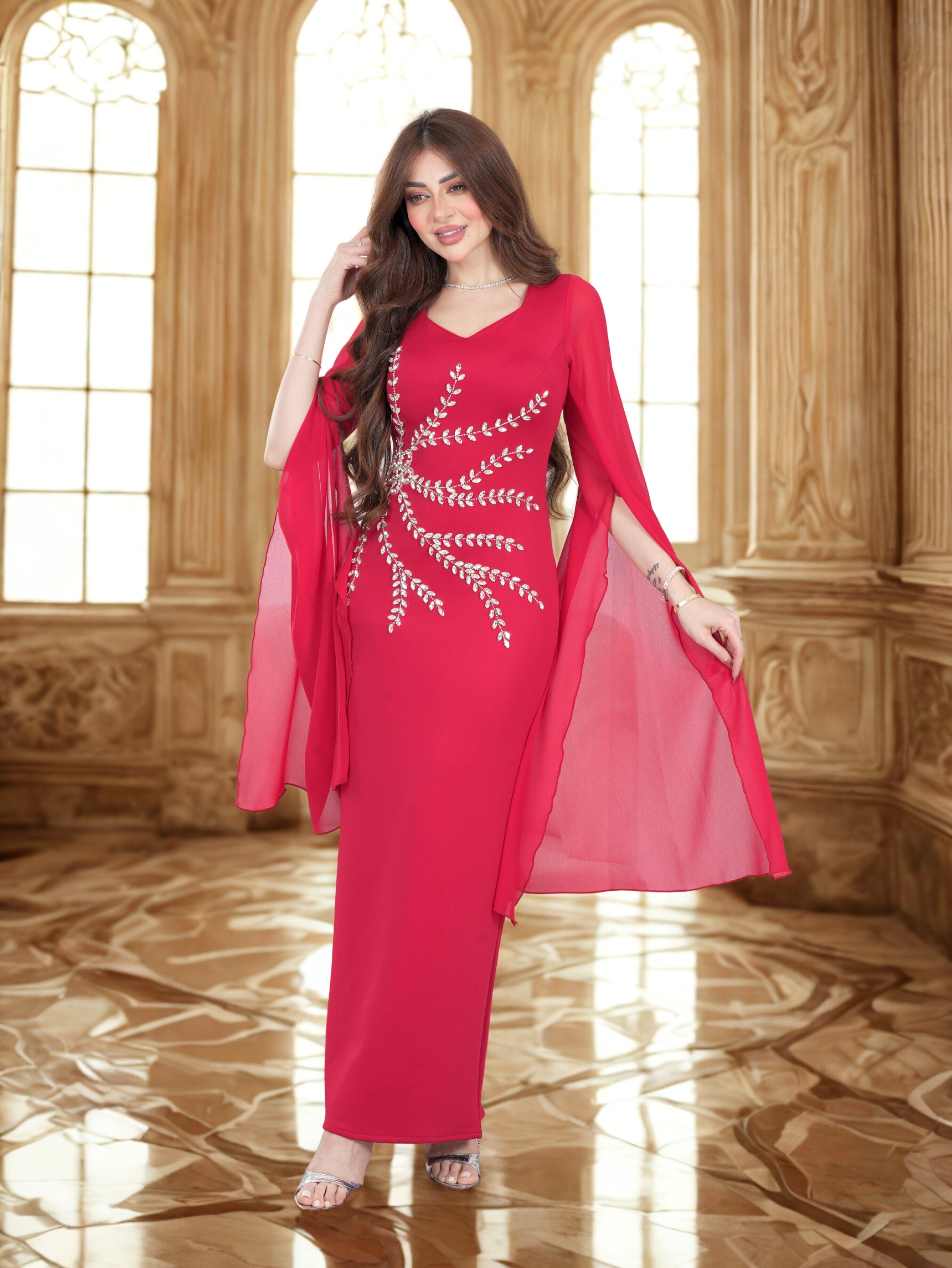 Luxury Embellished Red Gown with Flowing Cape Sleeves
