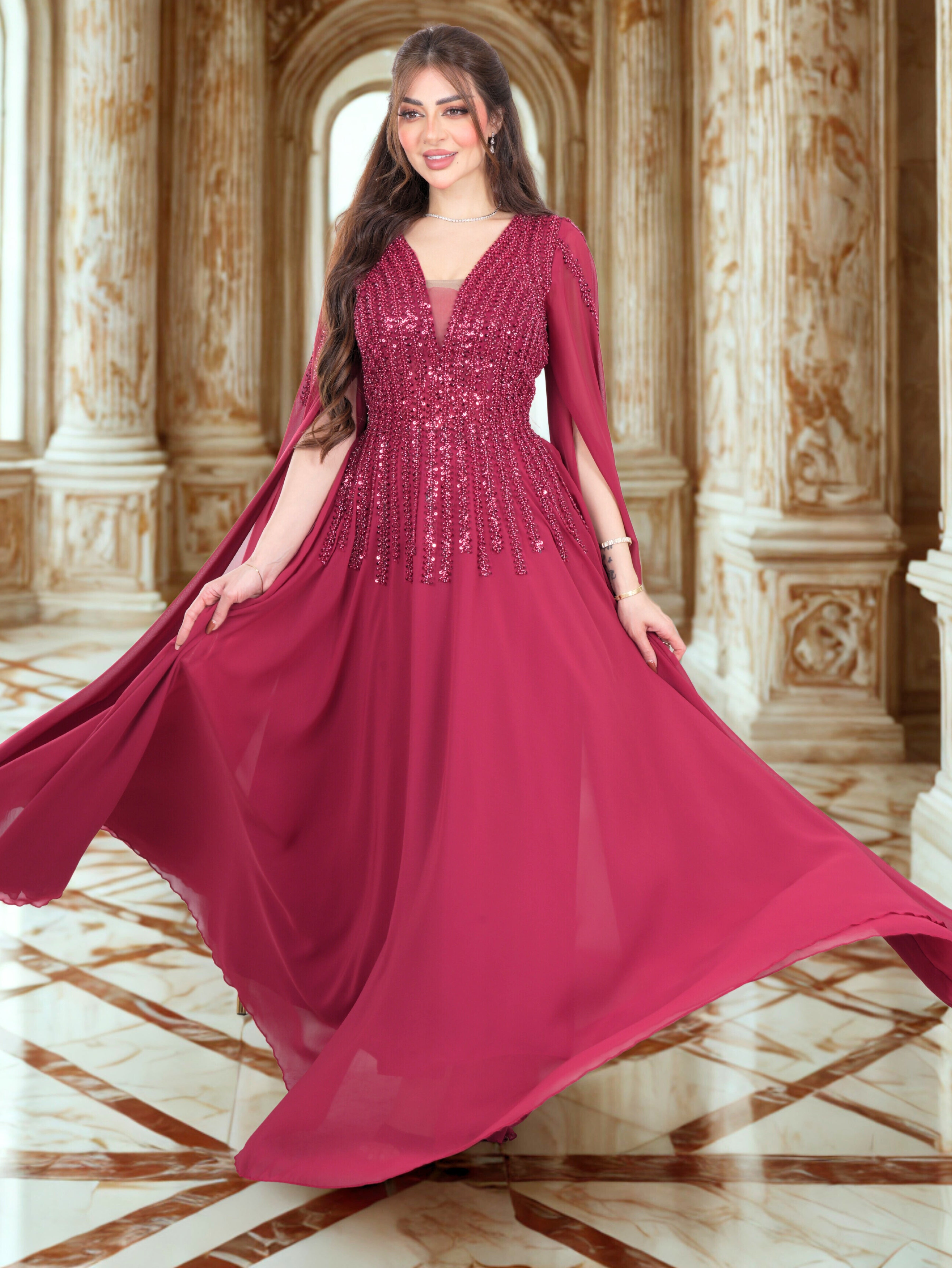 Luxury Elegant Evening Gown Dress with Long Sheer Sleeves