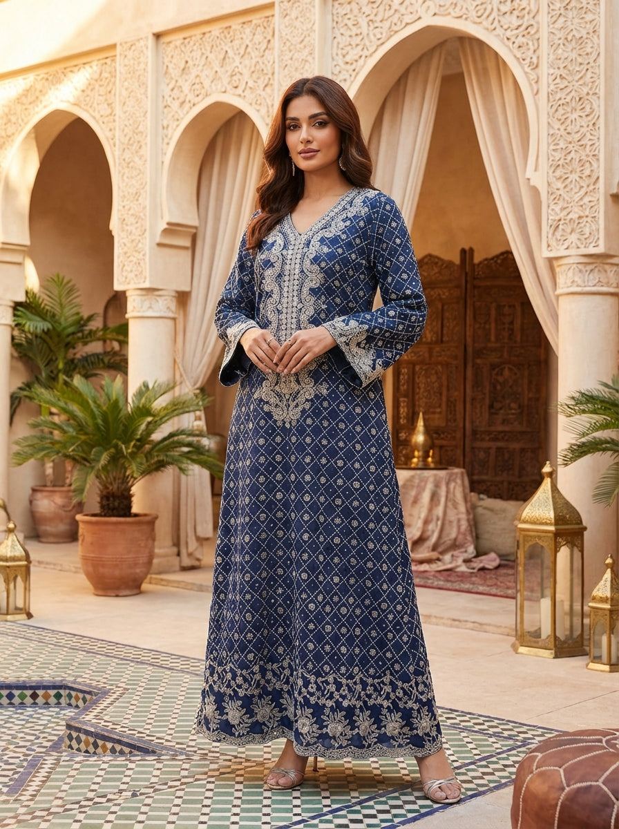 Woman in a blue embroidered Jalabiya dress standing in a decorative courtyard.