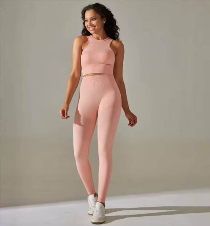 Ribbed Crop Top & High-Waisted Leggings - Gym Yoga Fitness Set.