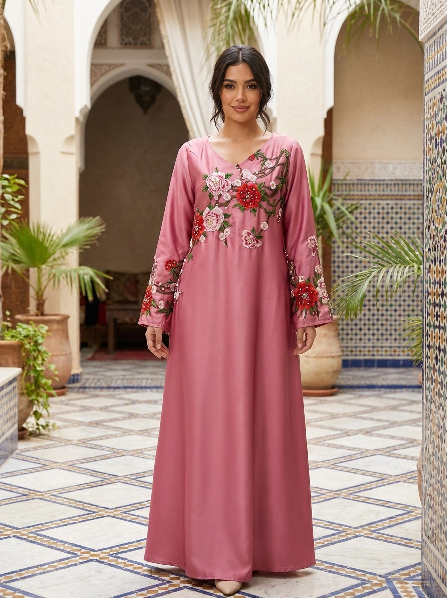3D Floral Applique Abaya with Cherry Blossom Embroidery | Bell Sleeve Modest Maxi Dress