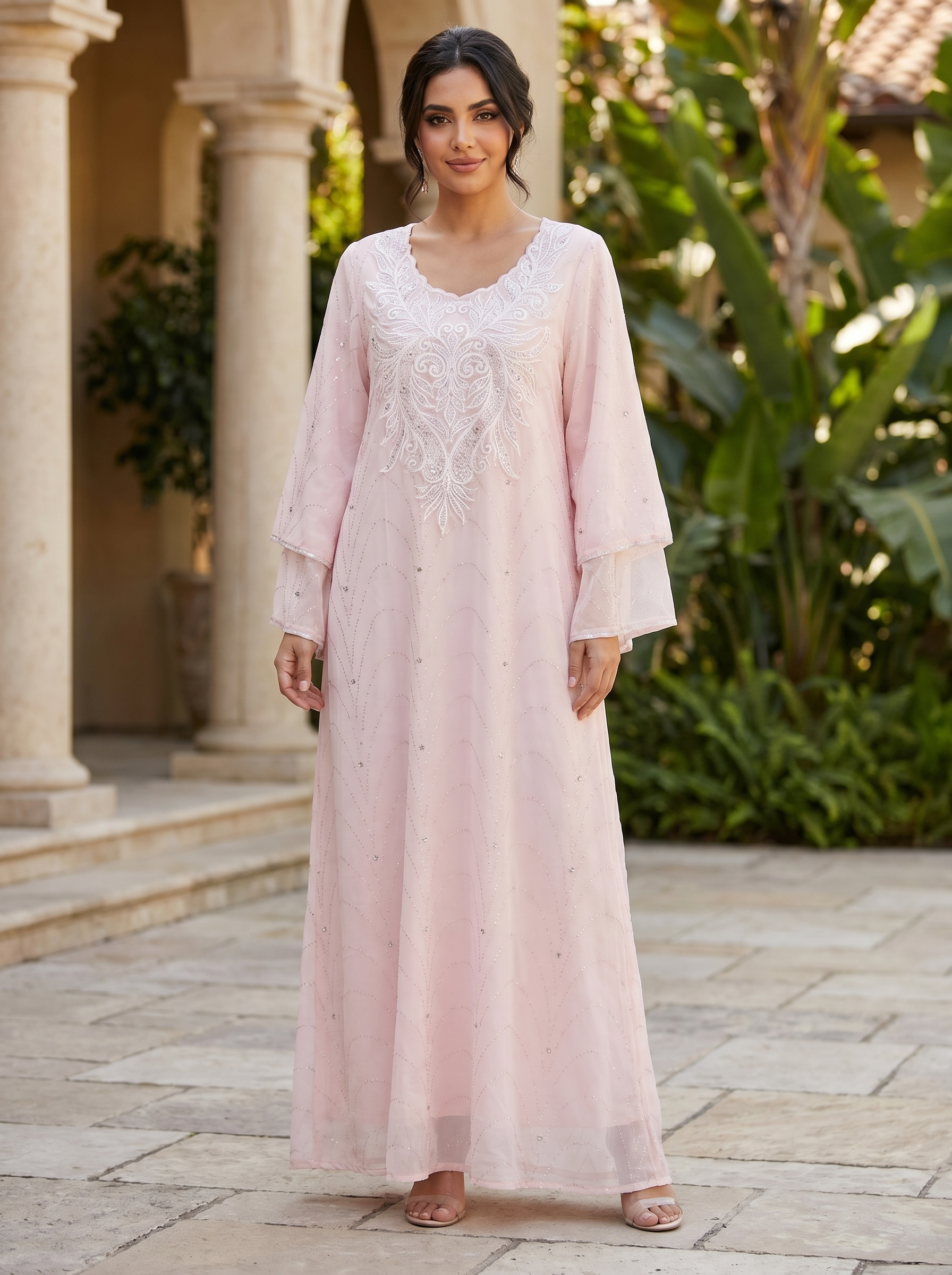 Women's Embellished Mesh Maxi Dress – Elegant Beaded Evening Kaftan with Flared Sleeves