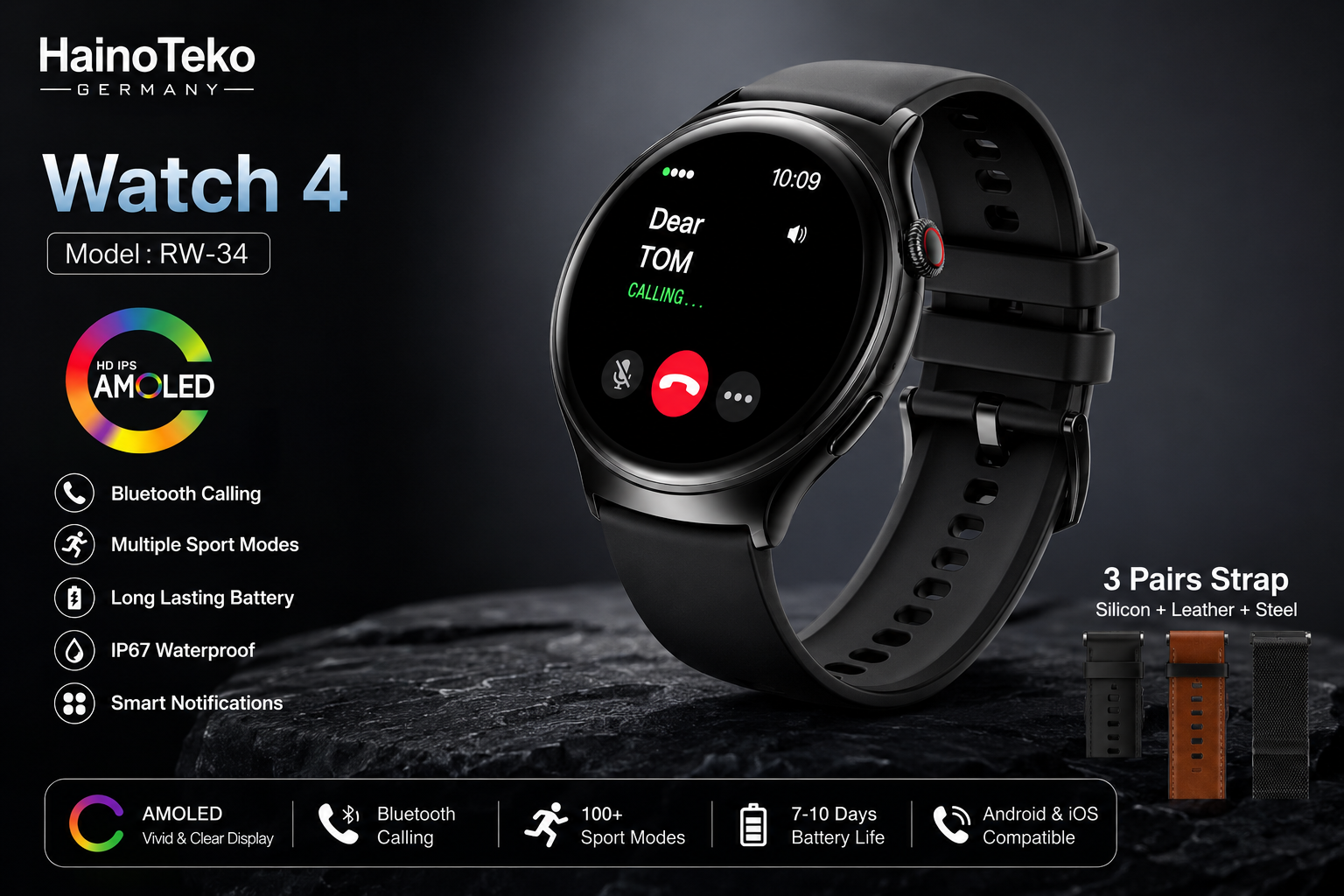 ساعة هاينو تيكو RW-34 الذكية بشاشة AMOLED للرجال