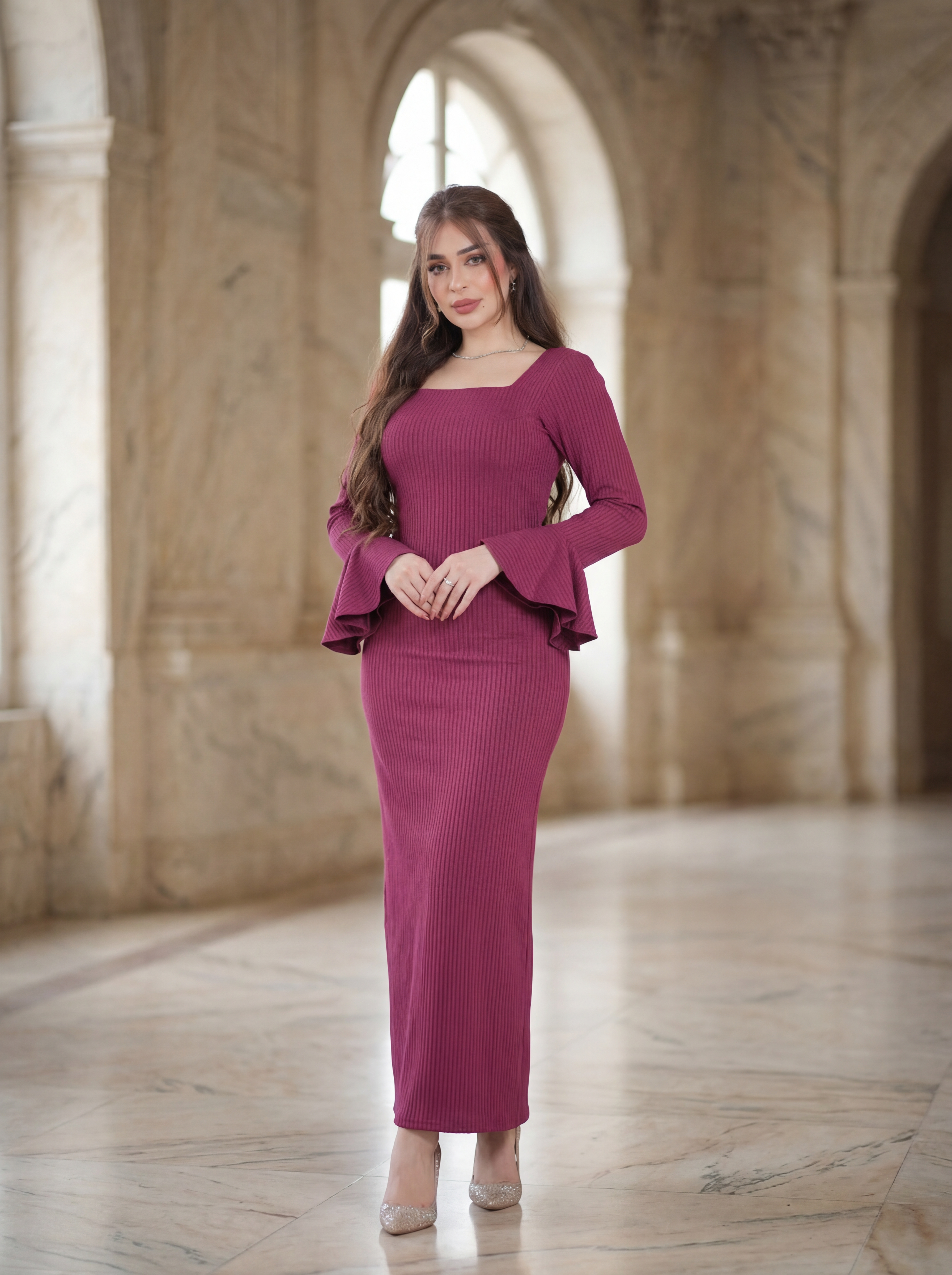 Luxury Evening Burgundy Flared Long Sleeve Maxi Dress