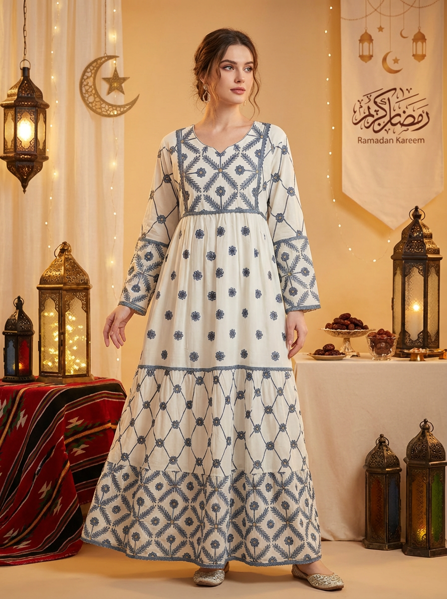 Elegant Embroidered Modest Maxi Dress for Women – Long Sleeve Festive Ramadan Dress