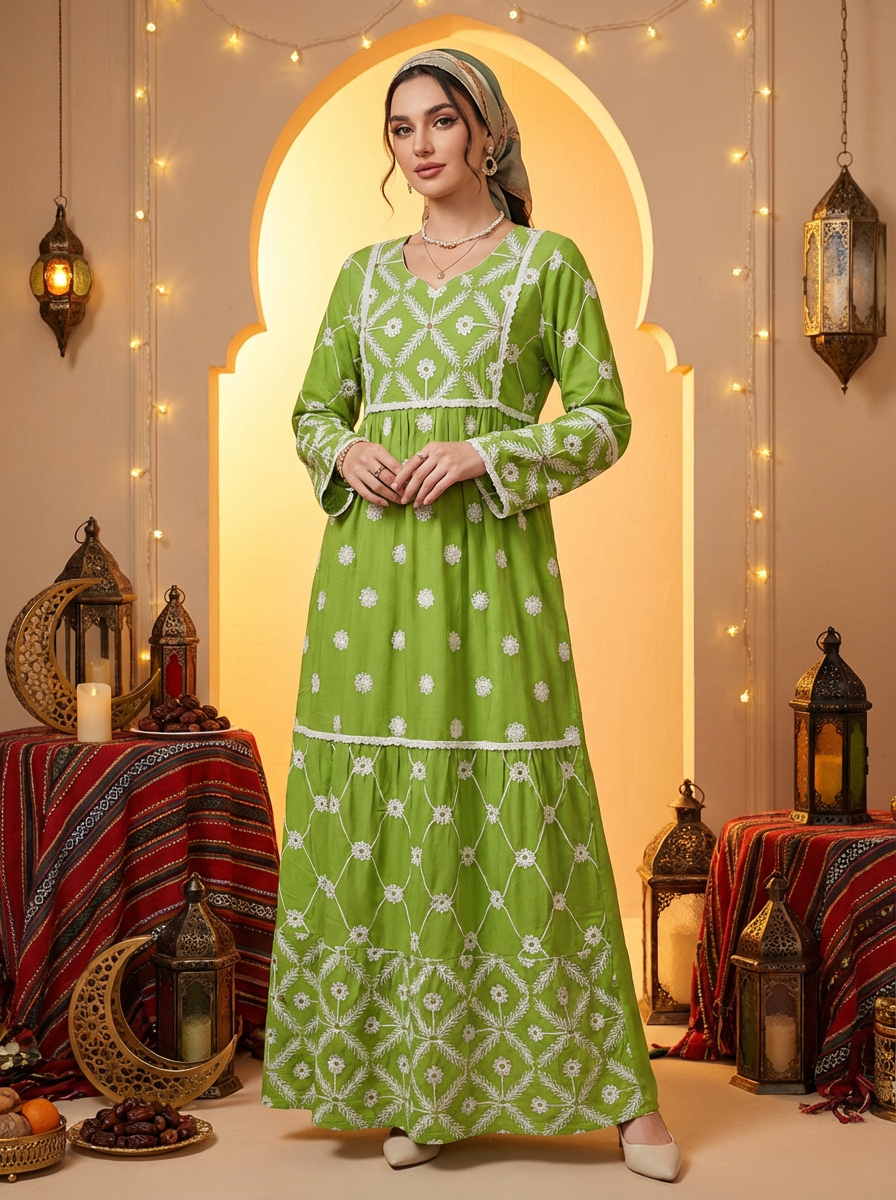 فستان ماكسي نسائي محتشم مطرز – فستان طويل أنيق بأكمام طويلة لمناسبات رمضان