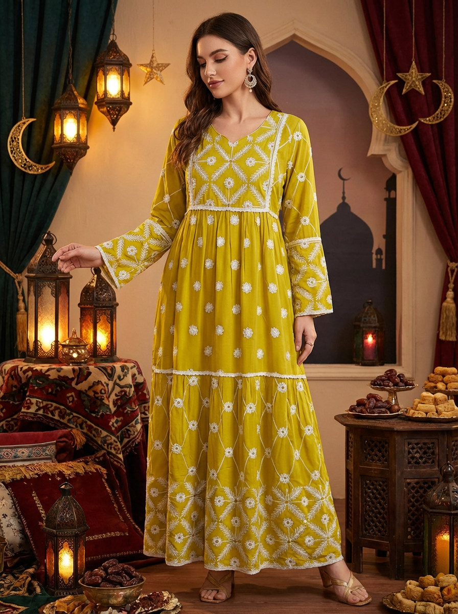 Elegant Embroidered Modest Maxi Dress for Women – Long Sleeve Festive Ramadan Dress