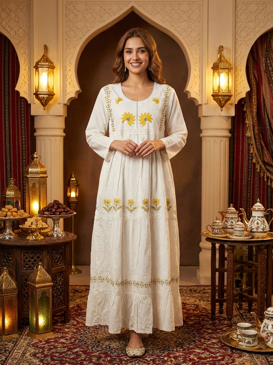 فستان ماكسي نسائي مطرز بالورود – بأكمام طويلة لمناسبات رمضان والأعياد