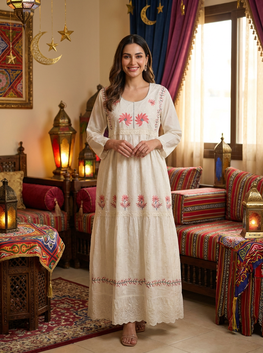 Women’s Floral Embroidered Modest Maxi Dress – Long Sleeve Festive Dress