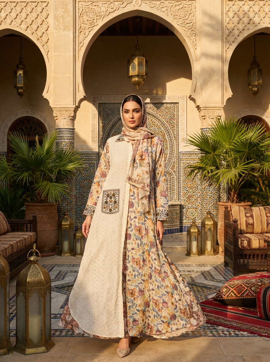 Women’s Printed Panel Maxi Dress – Elegant Long Sleeve  Dress