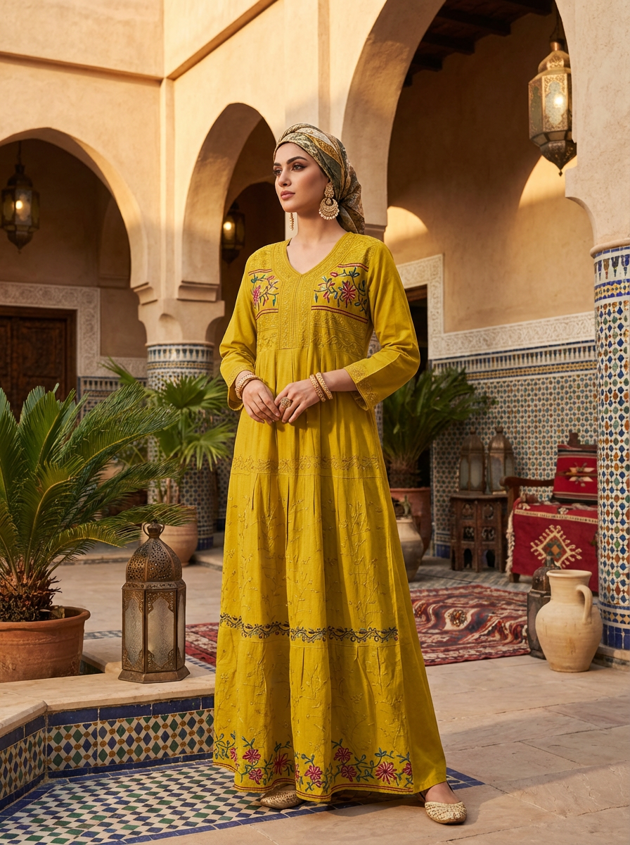 Mustard Embroidered Maxi Dress – Modest Bohemian Elegance