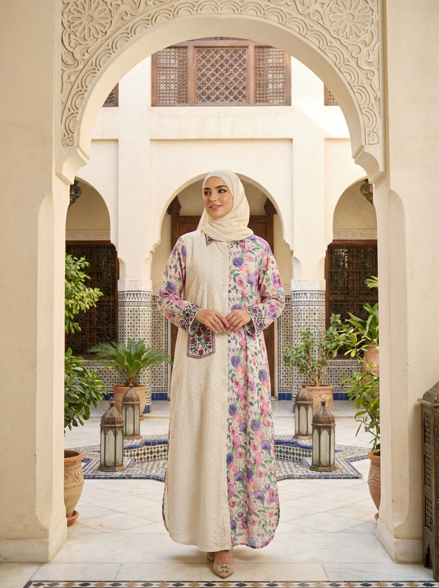 Women's Printed Panel Maxi Dress – Elegant Long Sleeve Modest Dress – FineLook