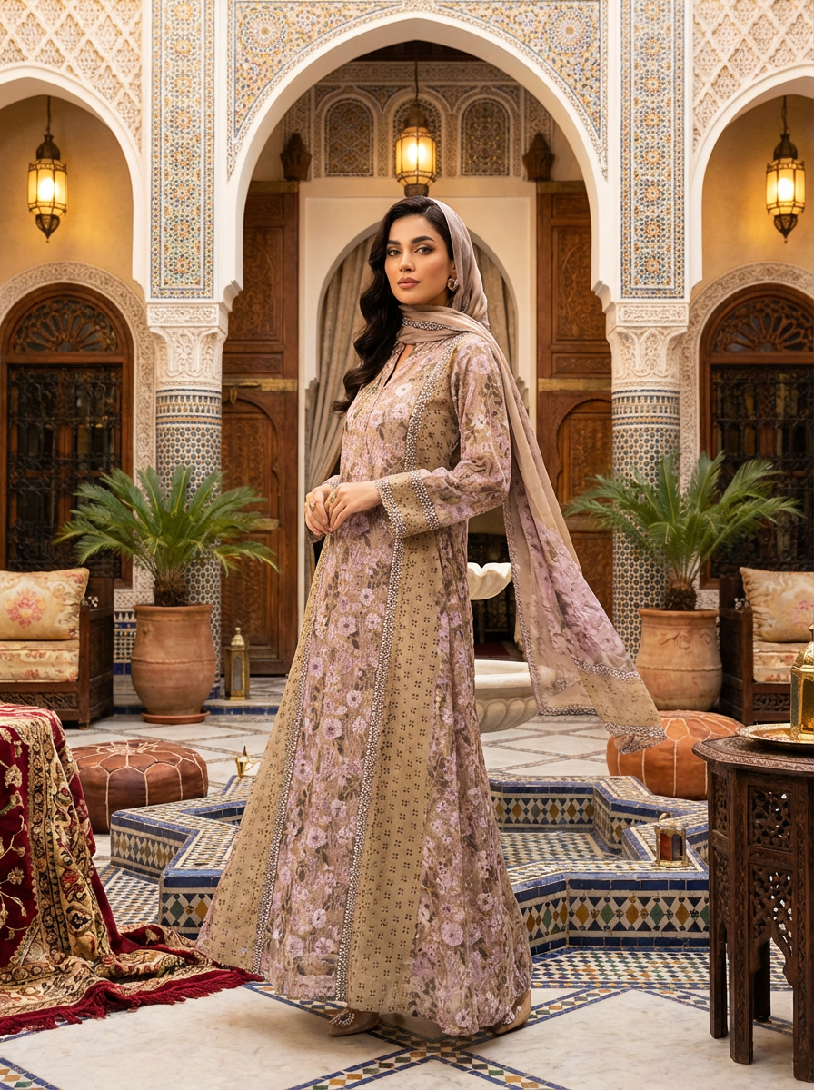 Women’s Printed Modest Maxi Dress – Elegant Long Sleeve Ethnic Dress