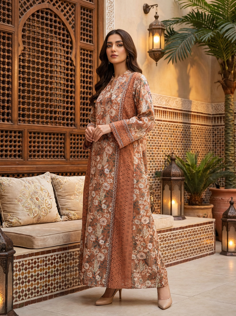 Women’s Printed Modest Maxi Dress – Elegant Long Sleeve Ethnic Dress