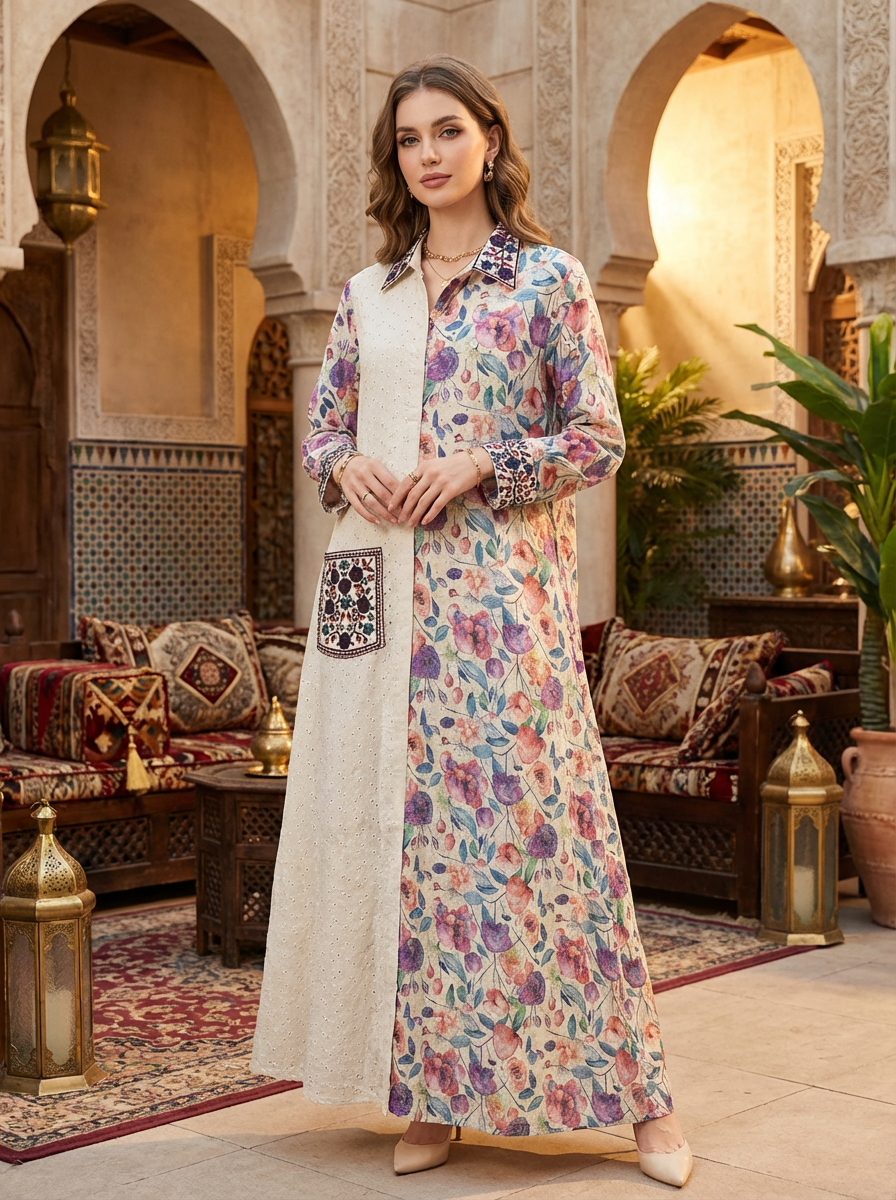 Women’s Printed Panel Maxi Dress – Elegant Long Sleeve Modest Occasion Dress