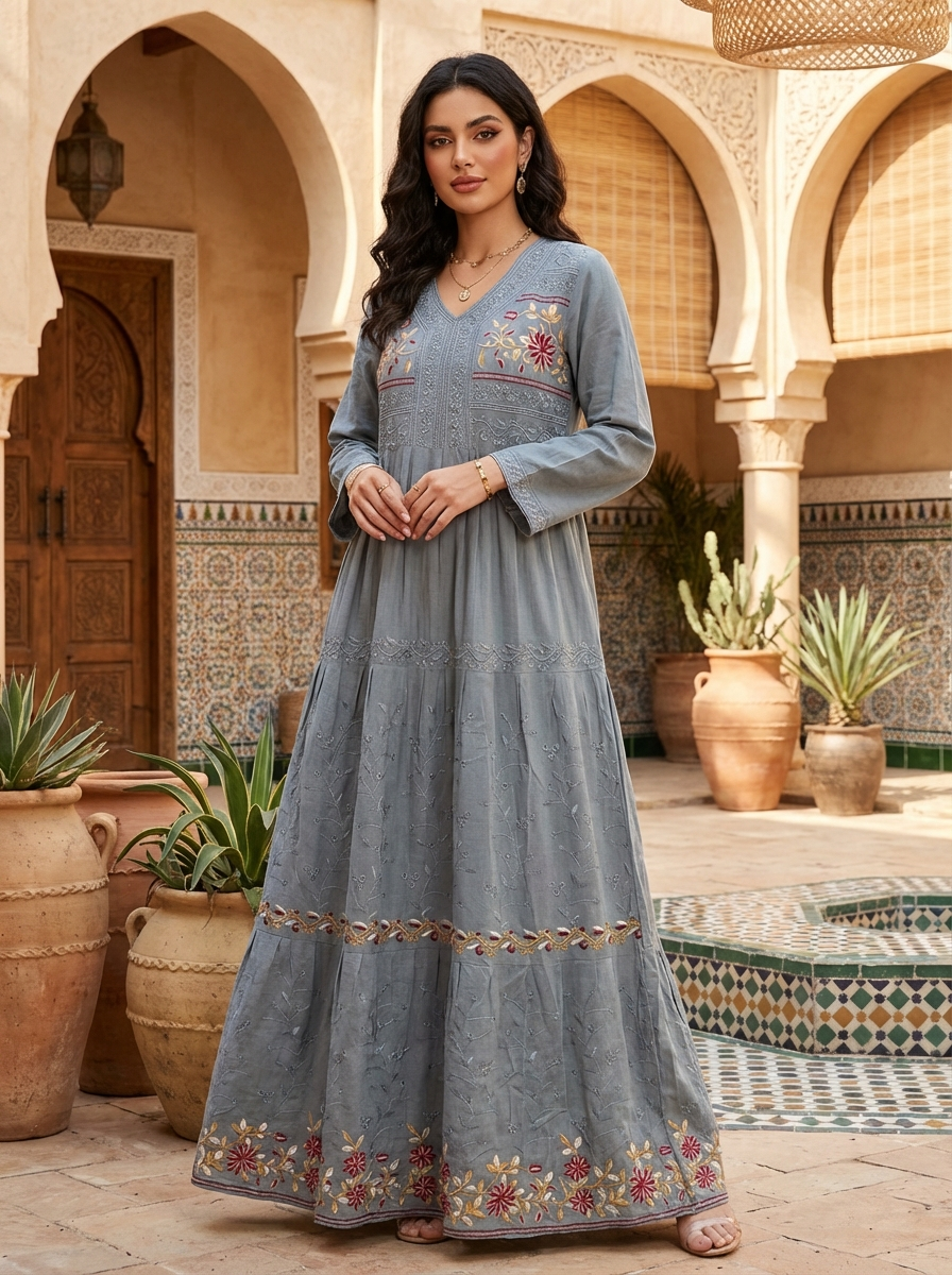 Embroidered Modest Maxi Dress – Elegant Flowing Design