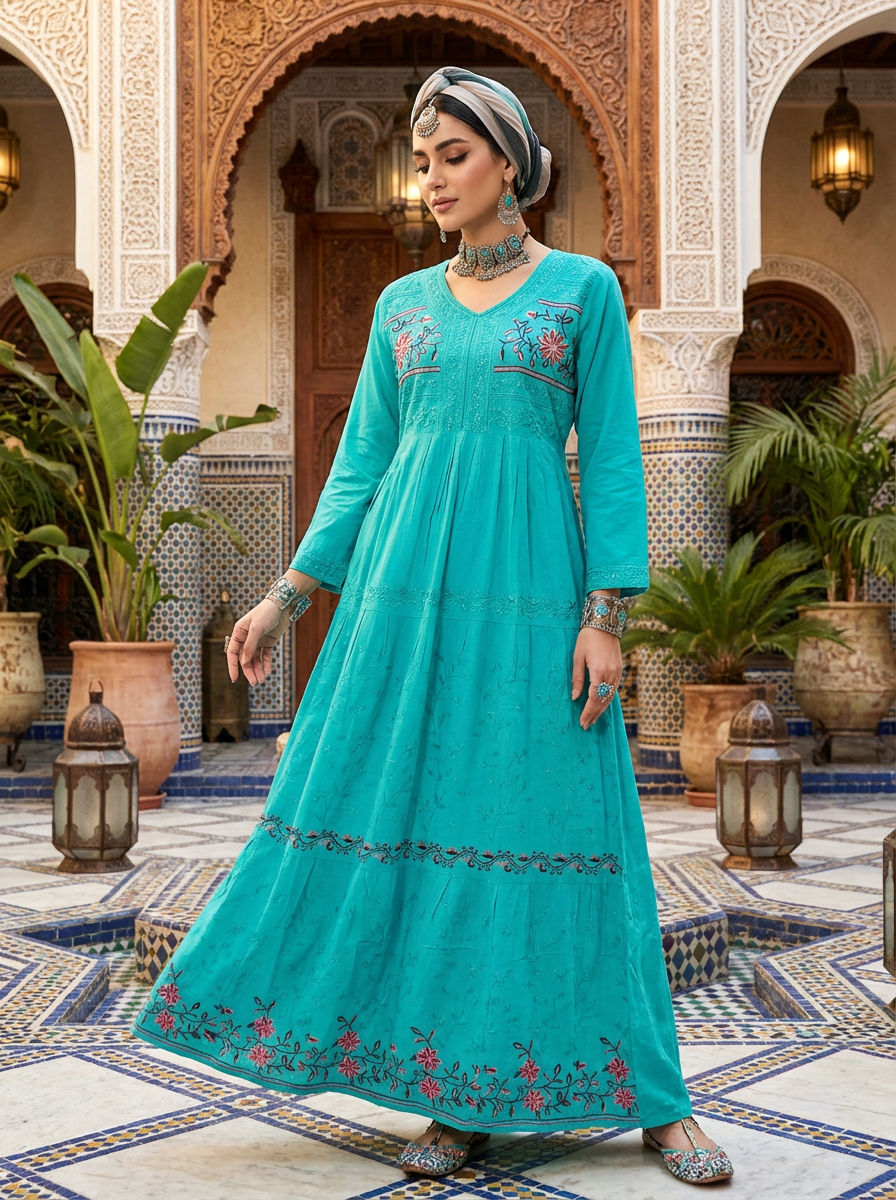 Embroidered Modest Maxi Dress Elegant Sky Blue Flowing Design FineLook Embroidered Modest Maxi Dress Elegant Sky Blue Flowing Design FineLook