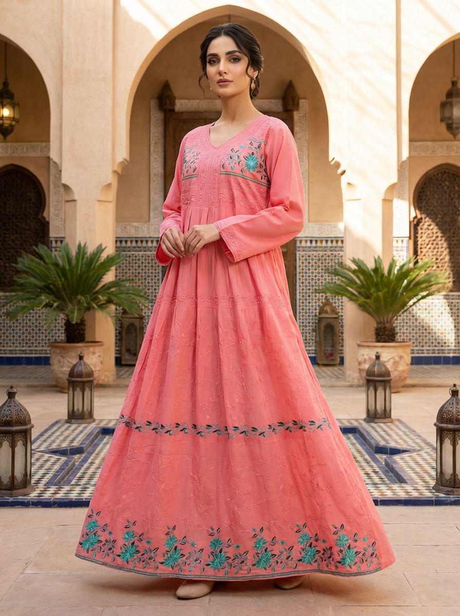 Embroidered Modest Maxi Dress Elegant Pink Flowing Design FineLook Embroidered Modest Maxi Dress Elegant Pink Flowing Design FineLook
