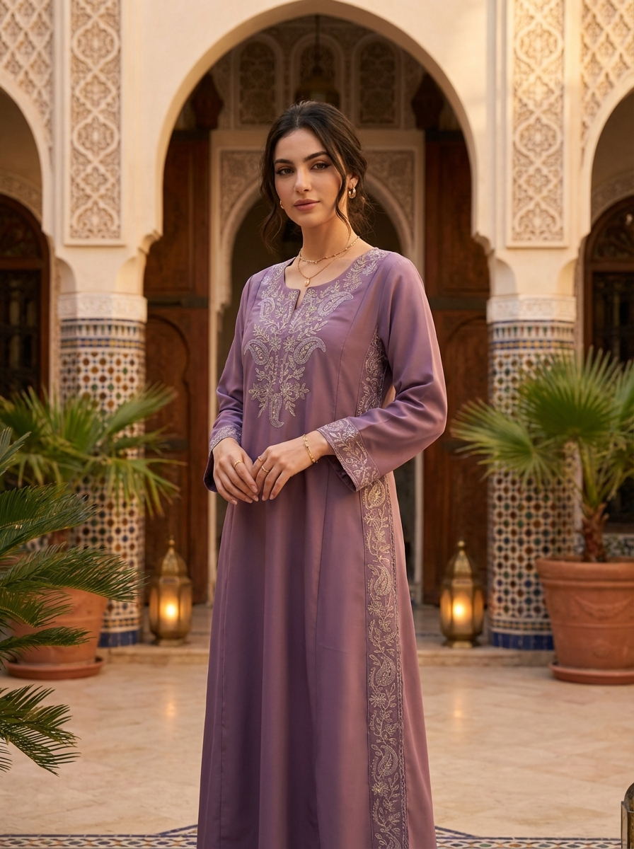 Elegant Lavender Embroidered Kaftan Dress for Women – Modest Long Sleeve Moroccan Style Maxi Gown