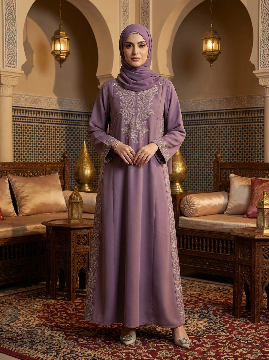 Elegant Lavender Embroidered Kaftan Dress for Women – Modest Long Sleeve Moroccan Style Maxi Gown
