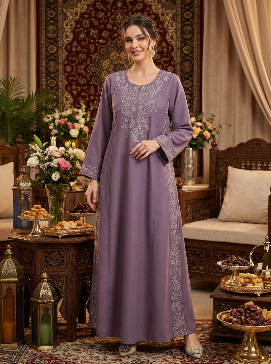 Elegant Lavender Embroidered Kaftan Dress for Women – Modest Long Sleeve Moroccan Style Maxi Gown