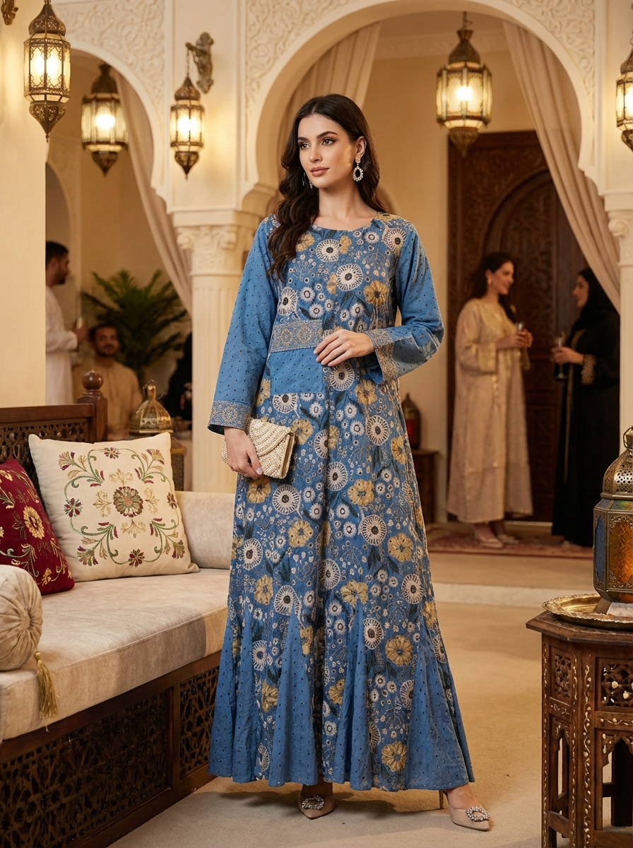 Elegant Printed Maxi Dress for Women – Modest Long Sleeve Floral Eastern Style Gown