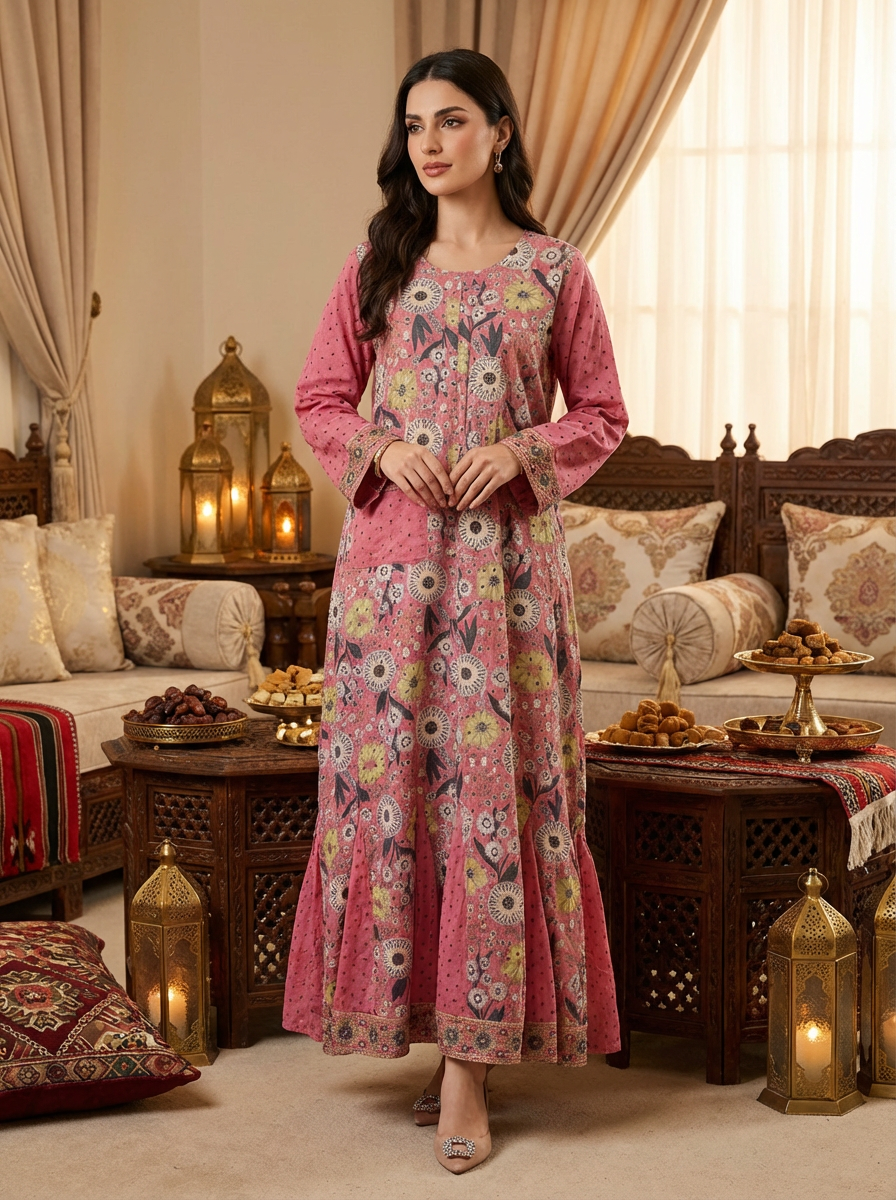 Elegant Printed Pink Maxi Dress for Women – Modest Long Sleeve Floral – FineLook