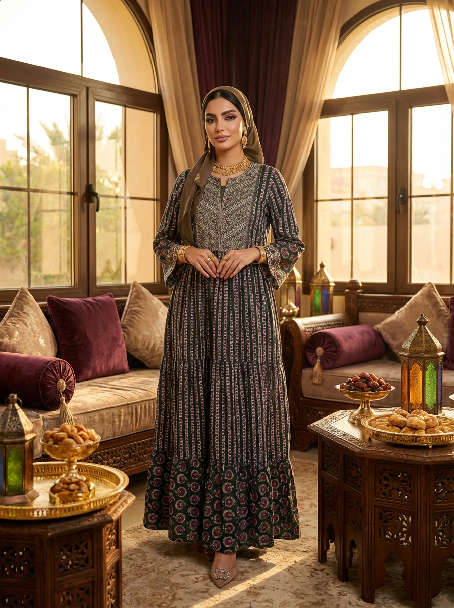 Elegant Modest Printed Maxi Dress with Long Sleeves – Traditional Eastern Style Women’s Formal Gown