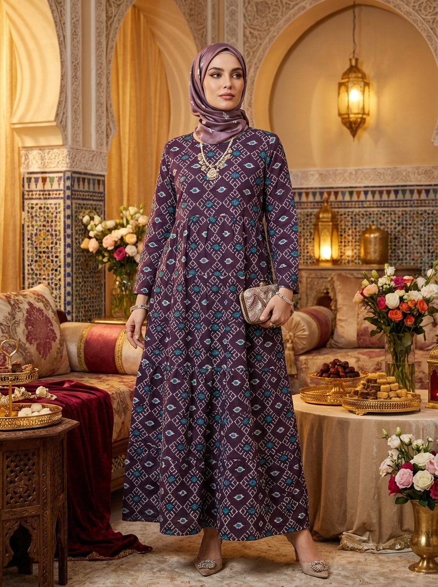 Elegant Modest Printed Maxi Dress for Women - Eastern Style Long Sleeve A-Line