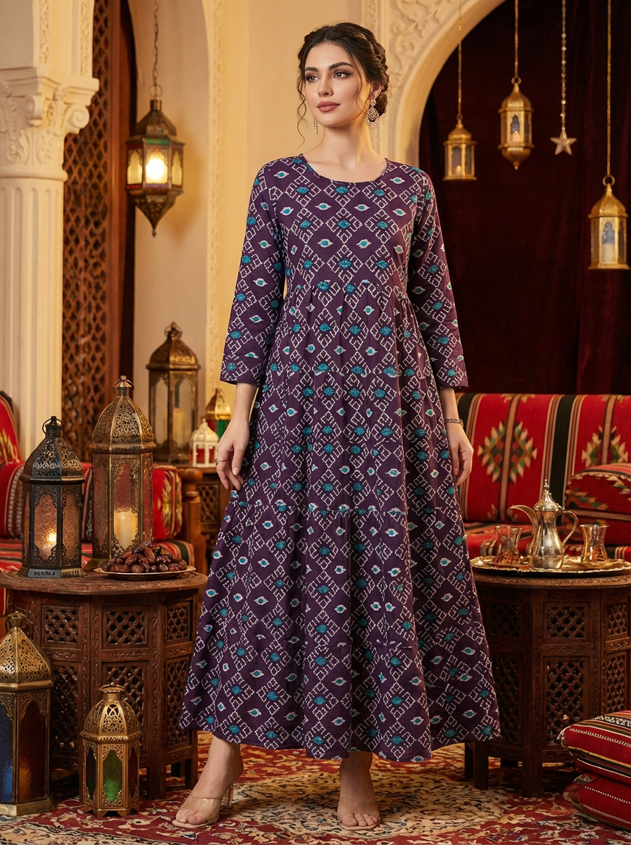 Elegant Modest Printed Maxi Dress for Women - Eastern Style Long Sleeve A-Line