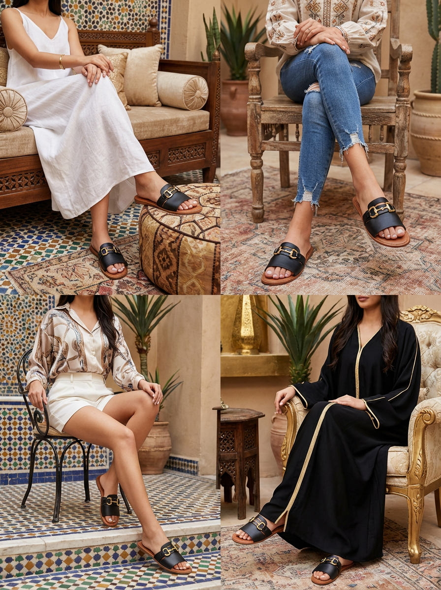 Women’s Black Slip-On Sandals with Chain Detail