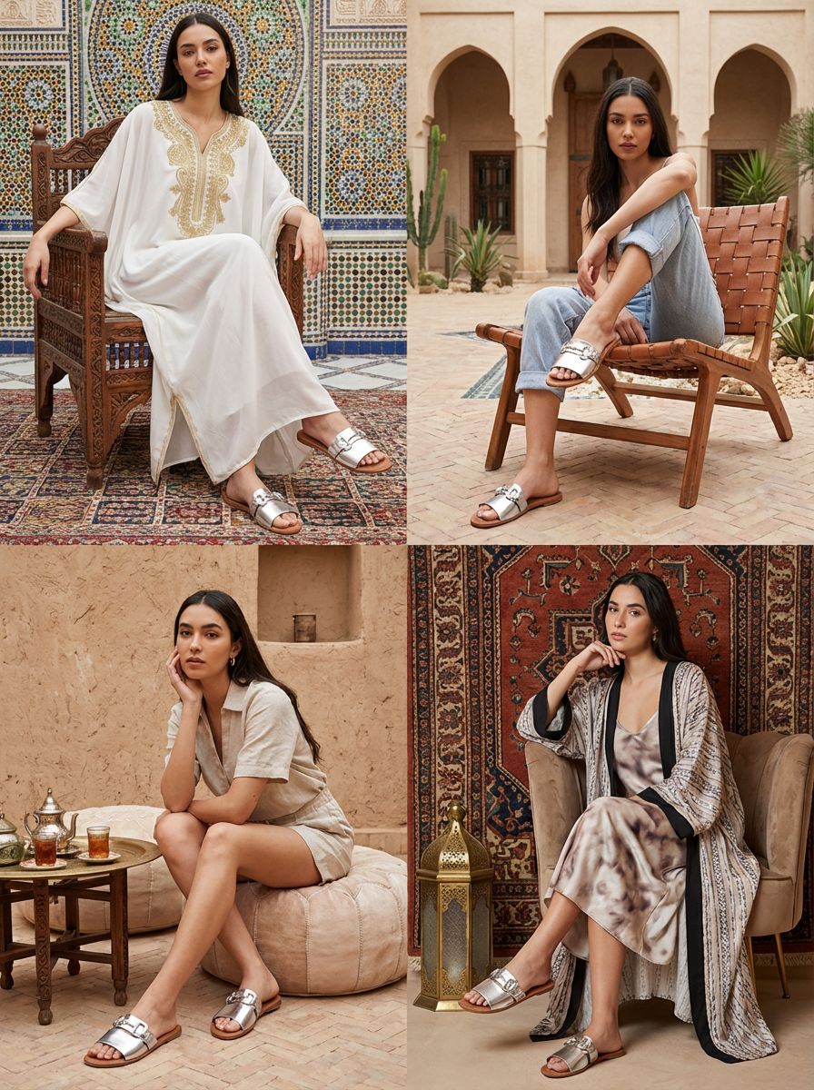 Women’s Silver Slip-On Sandals with Chain Detail – Elegant Flat Slides for Party, Eid & Evening Wear