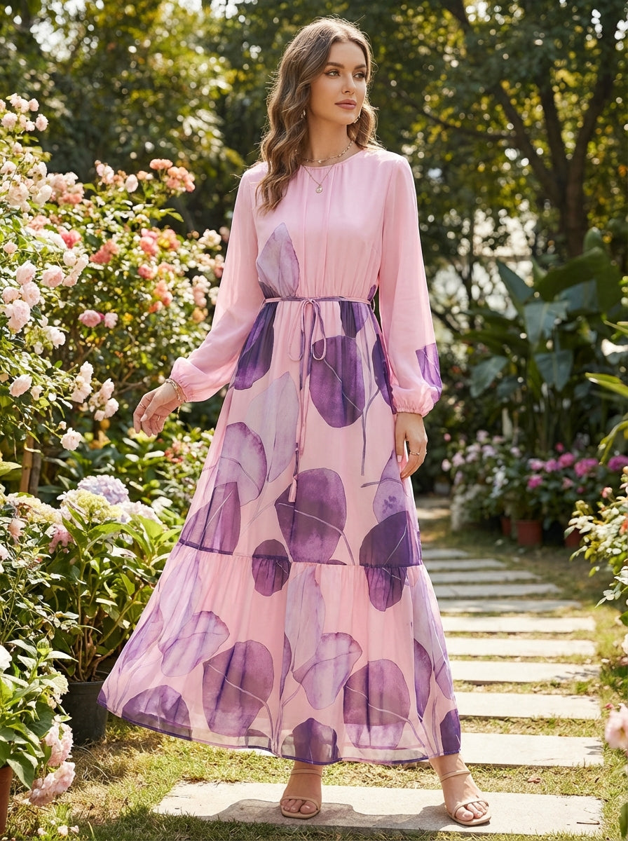 Women’s Elegant Pink Floral Maxi Dress – Long Sleeve Belted Chiffon Dress
