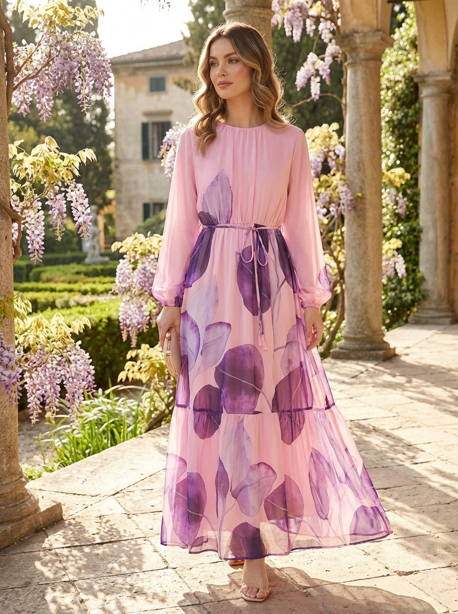 فستان ماكسي أنيق مزين بالزهور الوردية للنساء – فستان شيفون بأكمام طويلة وحزام