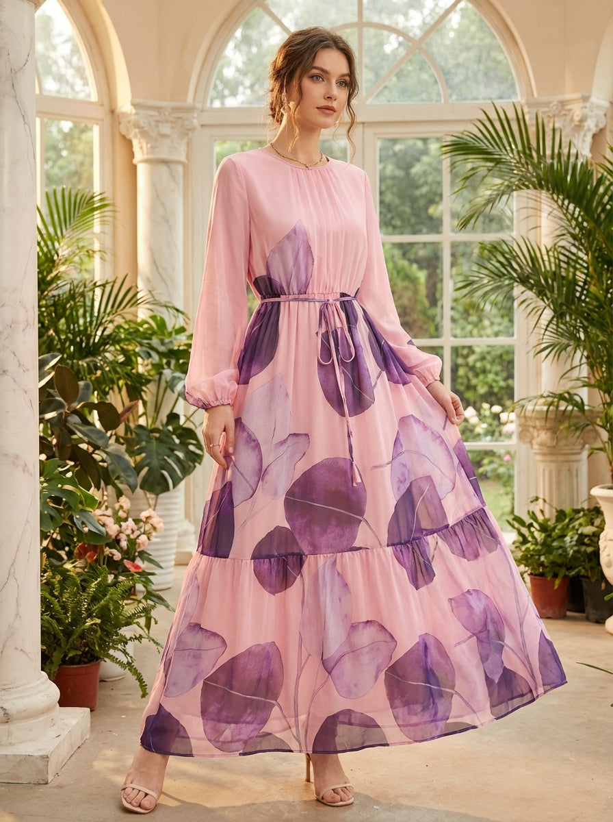 Women’s Elegant Pink Floral Maxi Dress – Long Sleeve Belted Chiffon Dress