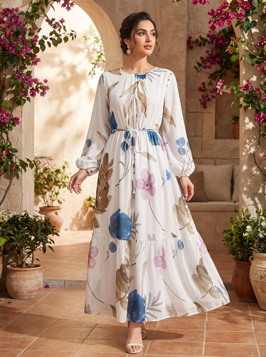 Women’s Elegant White Floral Maxi Dress – Long Sleeve Belted Chiffon Dress