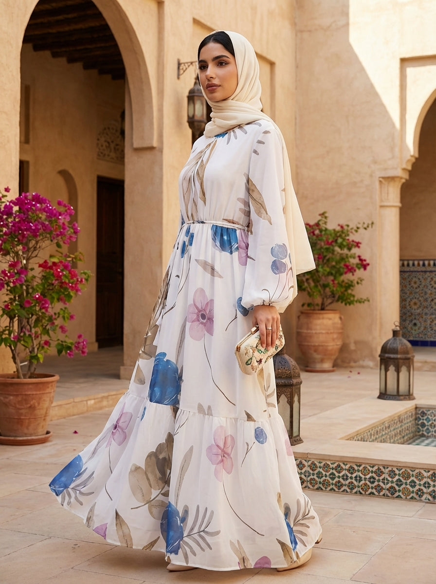 Women’s Elegant White Floral Maxi Dress – Long Sleeve Belted Chiffon Dress