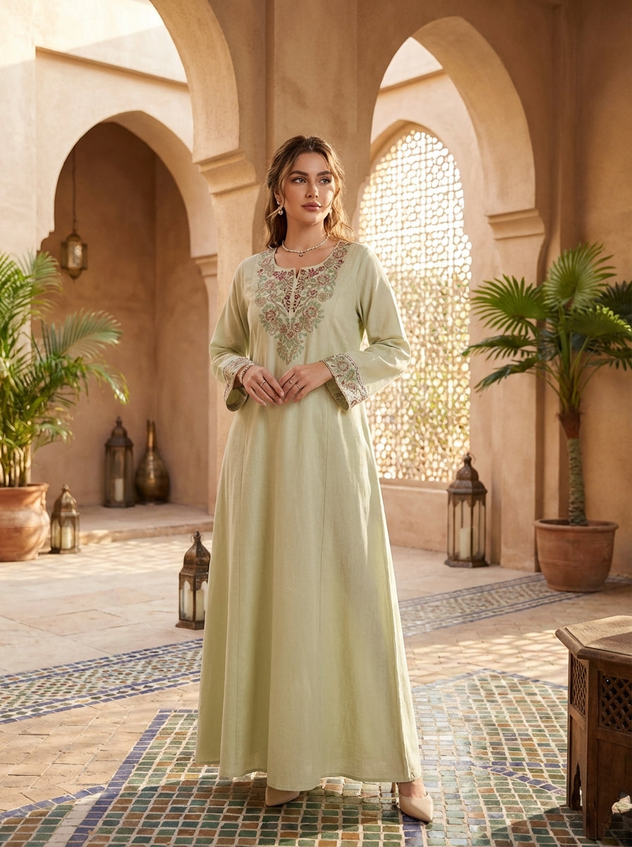 Elegant Green Embroidered Kaftan Dress for Women – Modest Long Sleeve Moroccan Style Maxi Gown