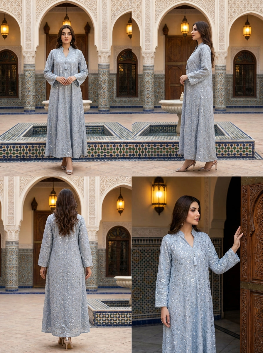 فستان ماكسي رمادي مطرز للنساء