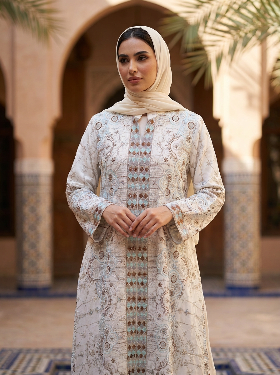 Woman in a patterned dress and hijab standing in a sunlit courtyard with arches and columns.