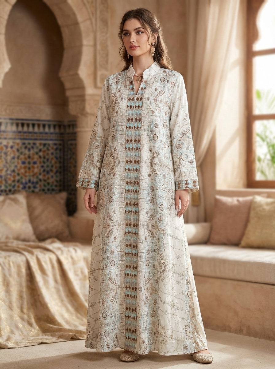 فستان ماكسي أنيق مطرز بنقشة كاملة للنساء