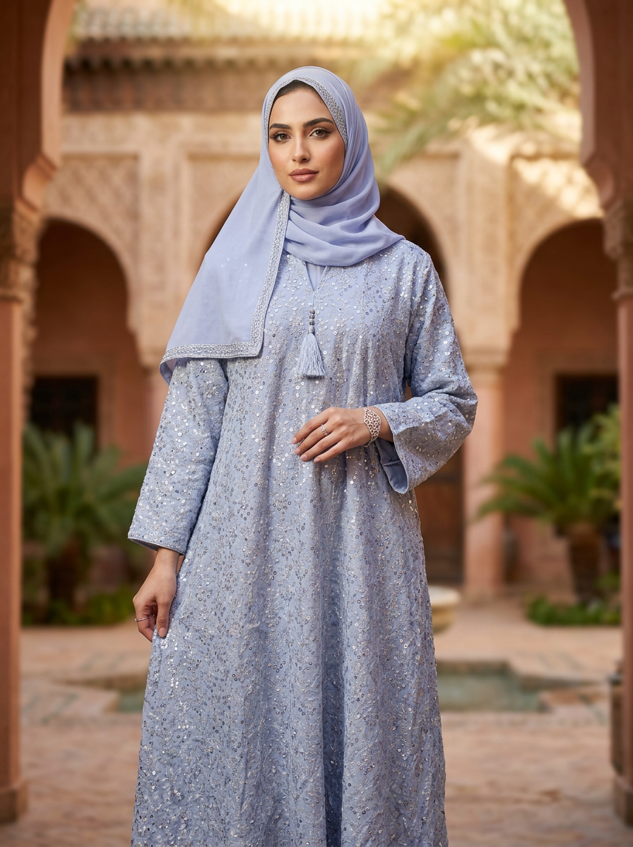 فستان ماكسي رمادي مطرز للنساء